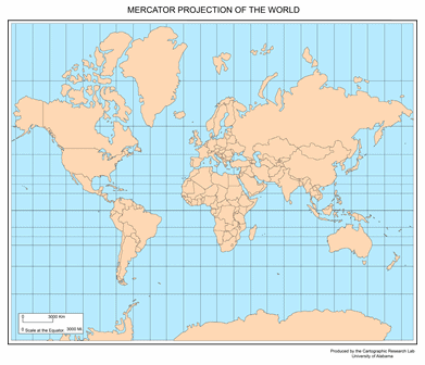 Weltkarte mit
              Mercator-Projektion 03 mit Grönland so gross wie Afrika