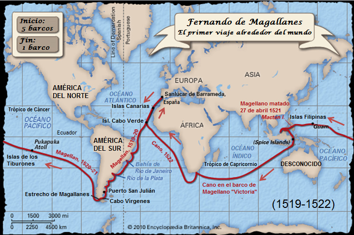 El mapa mundial con la vuelta
              alrededor de la Tierra de la flota de Magallanes
              1519-1522
