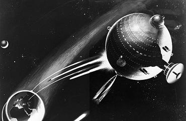La idea de una estación espacial
                            militar que puede bombardear los enemigos en
                            la tierra con cohetes, pintura de Frank
                            Tinsley de 1949