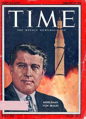 17.2.1958: Wernher von Braun como el
                          "hombre de cohetes" ("Missile
                          Man von Braun") en la portada de la
                          revista TIME