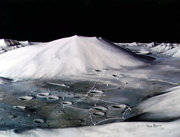 Apolo 17: Lugar de aterrizaje pintado con
                        caminos de astronautas