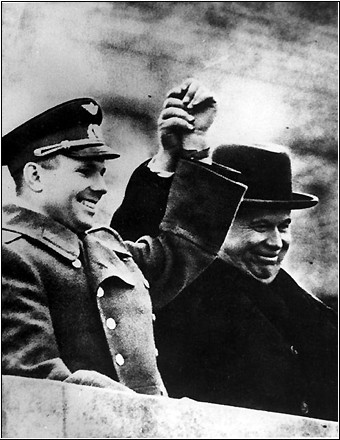 Yuri Gagarin
                          and Nikita Khrushchev during the parade on the
                          Red Square in Moscow
