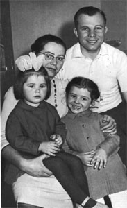 Yuri Gagarin with his family (ca.
                            1965), his wife Goryacheva Valentina
                            Ivanovna, daughter Lena (first child) and
                            daughter Galia (second child).