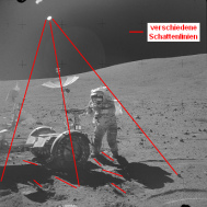Schattenchaos um das
                            "Mondauto" bei Apollo 16, z.B.
                            beim Foto AS16-108-17730, und da sollen zwei
                            Sonnen am "Mondhimmel" sein...