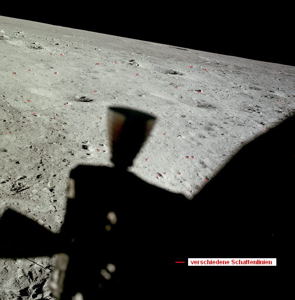Apollo 11 Foto-Nr. AS11-37-5469: Die NASA
                          sagt, dies sei die "Mondlandschaft"
                          rechts vom vorigen Foto AS11-37-5468. Bei
                          genauem Hinsehen sieht man willkrlich kurze
                          Schatten bei grossen Steinen und lange
                          Schatten bei kleinen Steinen, und die
                          Schattenrichtungen stimmen auch nicht berein.
                          Wieder ist das Foto z.T. scharf und unscharf,
                          und der schrge Horizont scheint auch
                          unmglich.