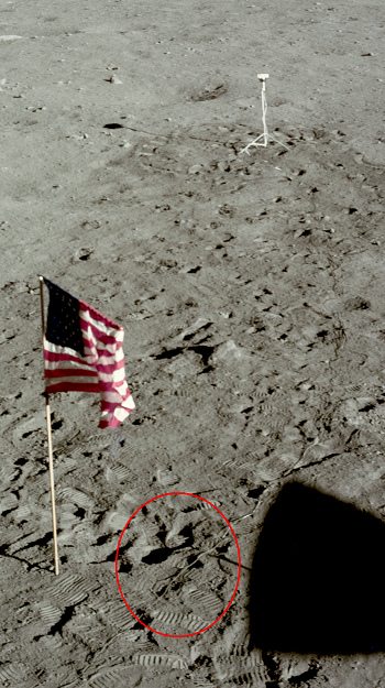 Apollo 11 Foto-Nr. AS11-37-5480:
                        Grossaufnahme des Kamerakabels mit zum Teil
                        eckigen Schatten, grauen Schatten, und einmal
                        ist das Kabel selbst unterbrochen