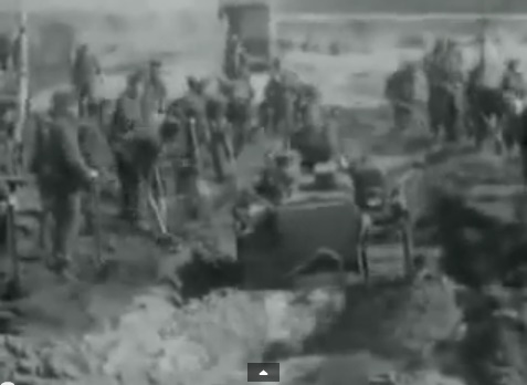 Die SS muss in Massengrab im Feld ausschaufeln und
              ein Bulldozer hilft dabei
