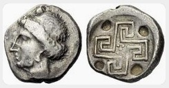 Hakenkreuz (Swastika) auf eine Münze mit Ariadne , Knossos, Kreta, 450-375 v.Chr.