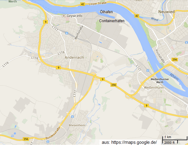 Karte mit
                      Andernach und Miesenheim mit dem �l- und
                      Containerhafen