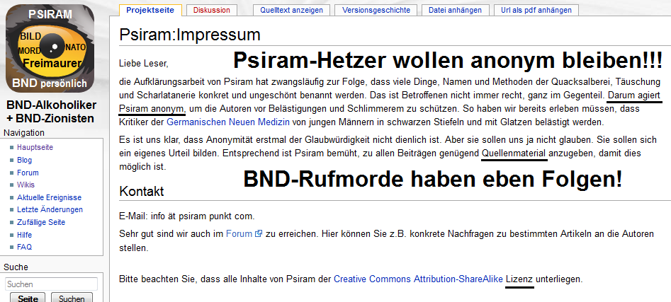 Das Impressum der kriminellen Webseite
                          "Psiram", die wahrscheinlich vom
                          kriminell-zionistischen BND und seinen
                          "Br�derchen"-Geheimdiensten
                          betrieben wird