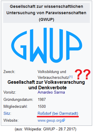 Die
                                                Hetzgesellschaft GWUP
                                                hat ihren Sitz in
                                                Rossdorf bei Darmstadt,
                                                gleich neben MERCK, so
                                                ein Zufall aber auch
