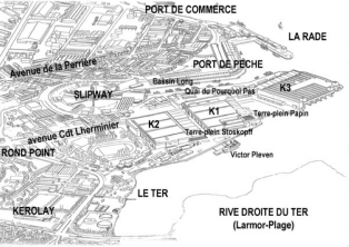 Lorient, U-Boot-Bunker "Keroman
                          1", "Keroman 2" und
                          "Keroman 3", Plan 1,
                          Panorama-Zeichnung