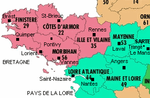 Karte der Bretagne mit
                              Loire-Atlantique und Maine-et-Loire