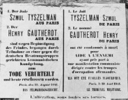Paris Widerstand: Ein Plakat berichtet, die
                        beiden kommunistischen Patrioten Tyszelman und
                        Gautherot seien erschossen worden