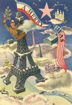 Paris, Eiffelturm auf Weihnachtskarte mit
                "amerikanischer" Fahne, Dezember 1944