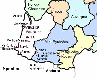 Karte
                  der Region Bordeaux, Regionen und St�dte