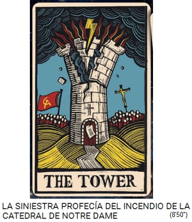 Illuminati-Kartenspiel: Ein Turm mit dem
                    Kirchenkreuz (Sinnbild für das Haus eines
                    Fantasie-Gottes) brennt und die Turmspitze ist durch
                    einen Blitz gespalten wie ein "V"