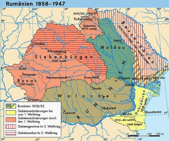 Karte von Rumänien 1920 mit den
                ehemals ungarisch regierten Teilen Siebenbürgen (mit
                vielen Ungarn und Deutschen) und mit dem Banat (mit
                vielen Ungarn, Deutschen und Serben)