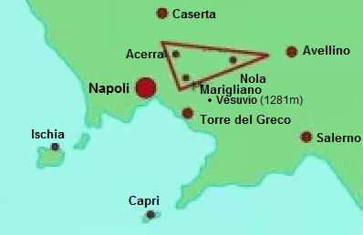 Mapa 2: Región de
                      Nápoles con el Triángulo de la Muerte (triangolo
                      della morte), donde se entierran las mayores
                      cantidades de desechos tóxicos y nucleares, con
                      los puntos angulares Acerra, Marigliano y Nola