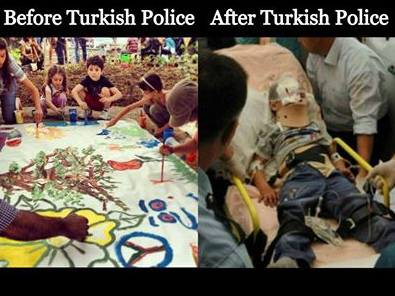 Happening NOW! Children paint
                in Taksim Square on Saturday before thousands of riot
                police fired tear gas and water cannons infused with
                skin irritant. Protesters brought the injured and
                children to the Divan Hotel, whereupon the police gassed
                the hotel and arrested everyone who exited.