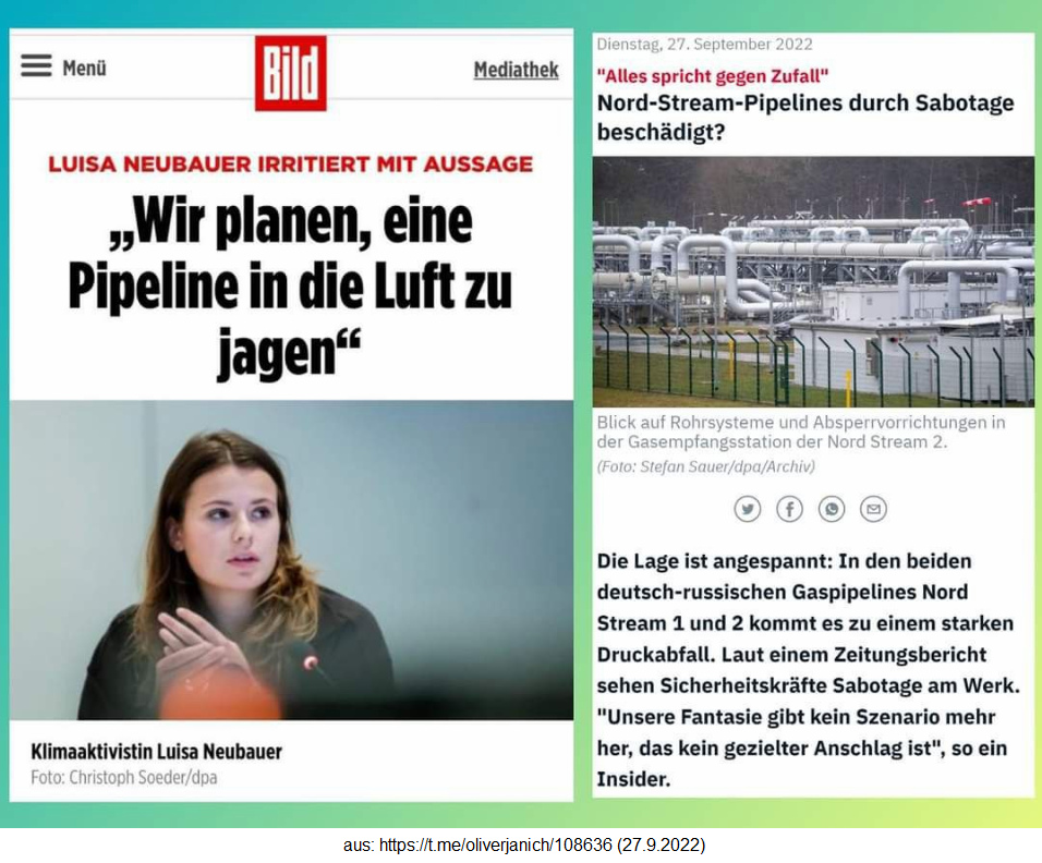 4R am 27.9.2022: Kriminelle Grüne
kündigten an, dass Pipelines gefährdet sind 4R am 27.9.2022: Kriminelle Grüne
kündigten an, dass Pipelines gefährdet sind