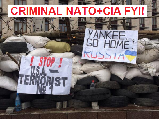 Transparent "Yankee go
                  home" und "USA terrorist no.1" in
                  Donezk 2014