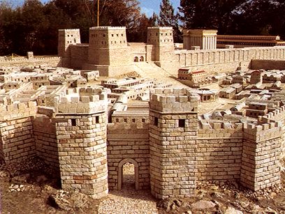 Model of Jerusalem in 7th century B.C. with
                      northern city gate, Damascus gate, and in the
                      background the temple