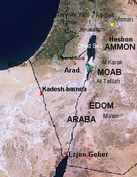 Map with
                        Kadesh Barnea, Arad, Araba, Edom, Moab and
                        Ammon, satellite photo. Half of the Dead Sea has
                        disappeared in 2003 already.