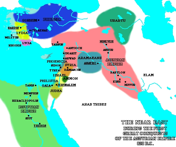 Map: Assyria, Syria
              and Israel in 820 B.C.