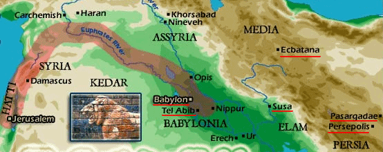Map with the towns of the Babylonian captivites:
                Babylon, Tel Abib, Susa, Ecbatana, Persepolis, and
                Pasargadae