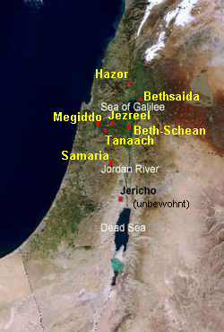 Map with Beth-Shean,
                  Megiddo, Jezreel, Tanaach and Samaria.