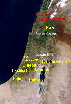 Map with Jericho, Ai, Gibeon, Jarmuth,
                      Lachish, Eglon, Hazor and the Hermon mountains
                      (2814m)