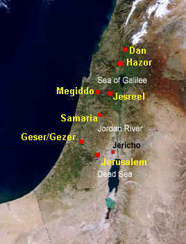 Map with Jerusalem,
                        Megiddo, Geser, and Hazor, satellite photo.
                        Jerusalem does not exist at this time.