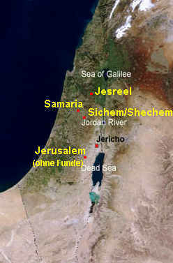 Map with Shechem, Samaria,
                        Jezreel, and Jerusalem. For Jerusalem there are
                        no findings for this period.