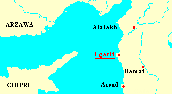 Map with Ugarit at
              the upper Mediterranean coast opposite to Cyprus.