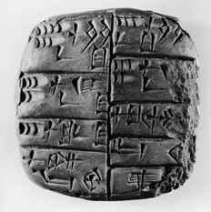 Clay
                        table with cuneiform writing from Lagash, appr.
                        2500 B.C., with a bill of cost for clothes of
                        the temple of the main goddess