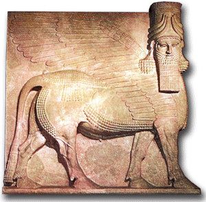 Sargon II.:
                            Palastfiguren: Geflügelte Pferde mit
                            Menschenkopf