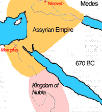 Karte: Assyrien besetzt
                            den unteren Teil Ägyptens. Oberägypten
                            (Nubien) bleibt ägyptisch.
