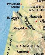 Karte mit
                            dem Fluss Kischon / Kishon im Jesreeltal und
                            dem Berg Karmel / Carmel