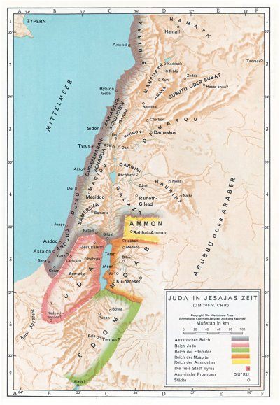 Karte: Die Kleinstaaten Juda, Edom, Moab
                        und Ammon und das Grossreich Assyrien