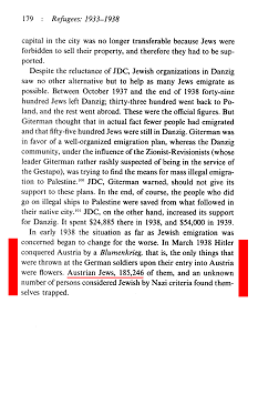 Yehuda Bauer, livre "My Brother's
                        Keeper. History of the American Jewish Joint
                        Distribution Committee 1929-1939", page
                        179: 185.246 juifs en Autriche en mars 1938