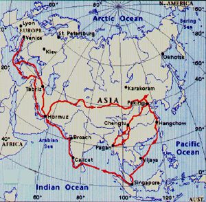 Karte mit der
                  (angeblichen) Reiseroute von Marco Polo
