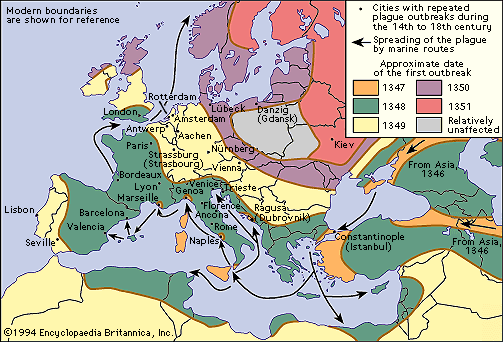 Karte der
                  Pestausbreitung in Europa mit italienischen
                  Handelsschiffen von der Krim her