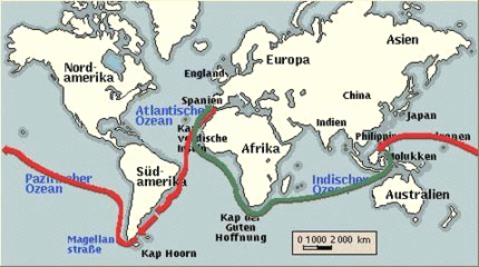 Karte mit der Route von Magellan,
                              Rot: mit Magellan, Grün: Rückweg ohne
                              Magellan