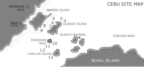 Karte mit den kleinen,
                            philippinischen Inseln Cebu mit Cebu City
                            (links) und Maktan / Mactan