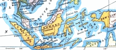 Karte mit der Insel Java im
                            Gesamtzusammenhang der Inseln von
                            Holländisch-Ostindien, später Indonesien