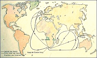 Karte
                            mit den Routen der VOC von Holland nach
                            Indien und Indonesien