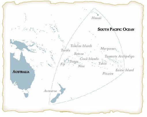 Karte mit Neuseeland, Tahiti und dem
                              Tuamotu-Archipel