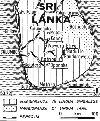 Ceylon: Karte
                    mit der Stadt Galle im Süden, und die Stadt Kandy in
                    der Inselmitte