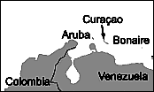 Karte mit der
                              Position der Insel Curaçao, auch
                              "Holländische Antillen" genannt
                              (mehrere Inseln)